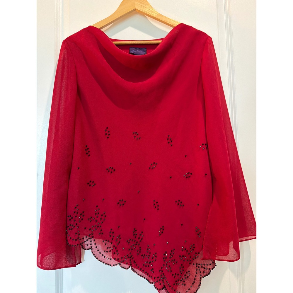 Metaphor Red Sheer Beaded Cowl Neck Blouse Asymmetrical Hem Bell Sleeve Medium